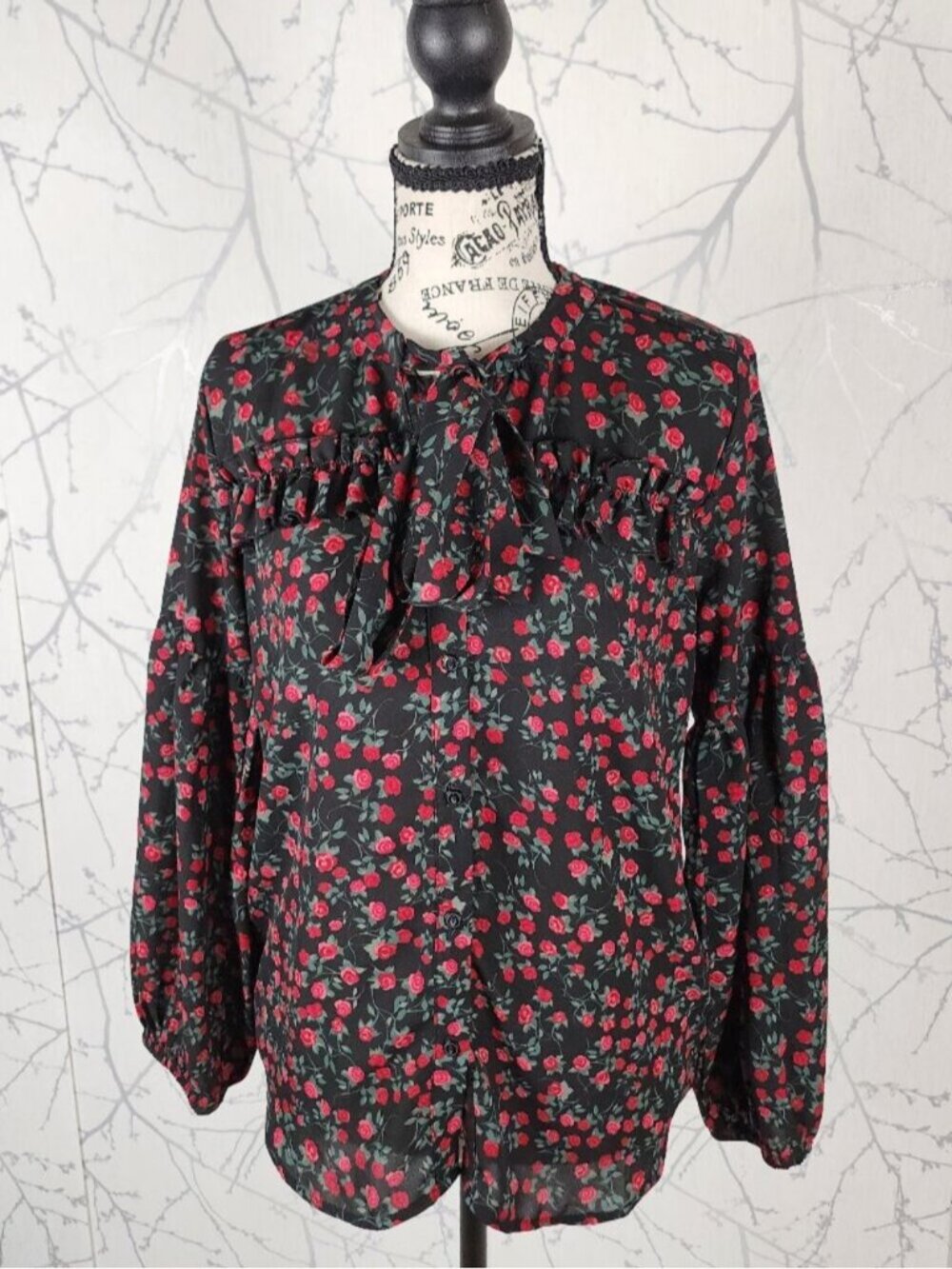 Harve Benard Dark Floral Tie Neck Lantern Sleeve Blouse